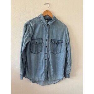 Free People Women's Sz M Denim Button Up Long Sleeve Shirt Vintage Indigo
